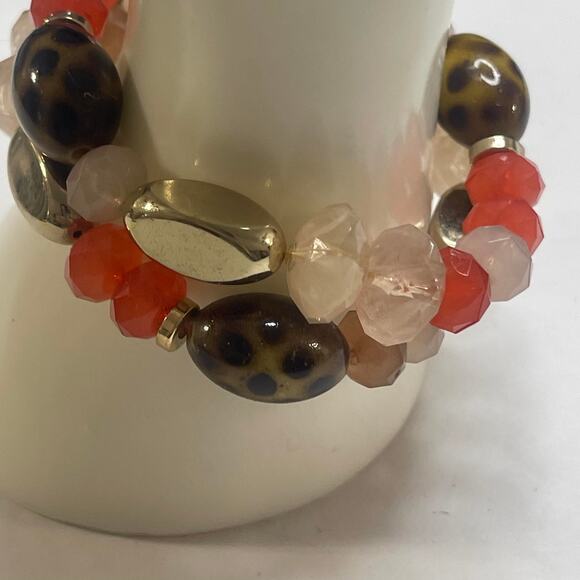 peach apricot and cheetah pattern beaded bracelet stretchy two strand pull on - Picture 3 of 9